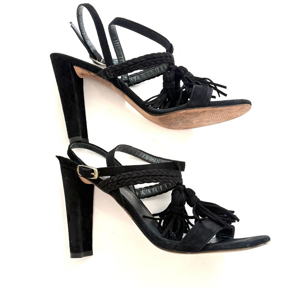 Stuart Weitzman Tassel Braided Black Suede Strappy Sandal Heels Sz 7.5/8
